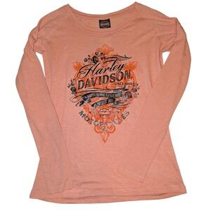 Harley Davidson Womens Peach Rose Graphic Long Sleeve T Shirt St Paul MN Size S